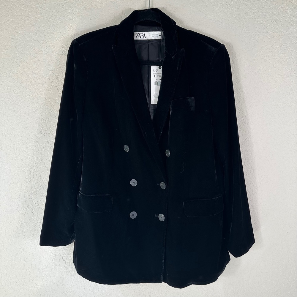 NWT Zara Velvet Blazer Women L Black Double Breasted Jacket Goth Luxe Academia